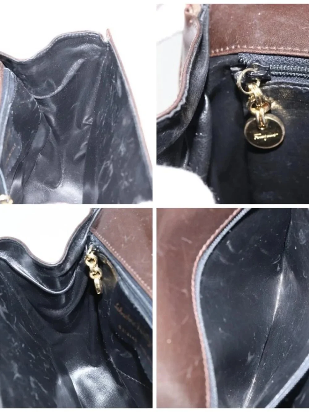 Salvatore Ferragamo Gancini Shoulder Bag Leather Dark Brown Gold Auth LNZ544